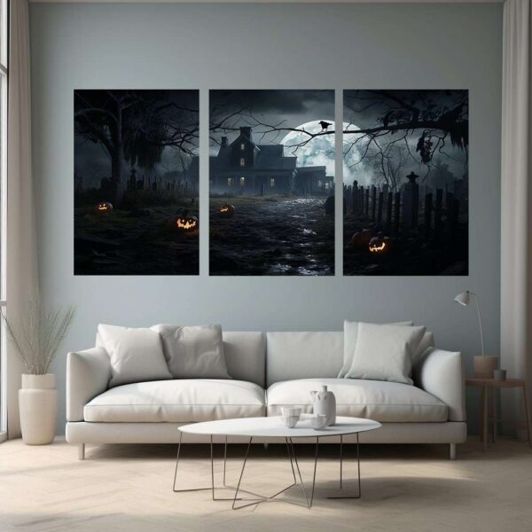 This Ghostly Farmhouse Halloween Art Print captures an eerie panoramic landscape featuring a haunted rural home, perfect for atmospheric Halloween wall décor and gothic interiors.