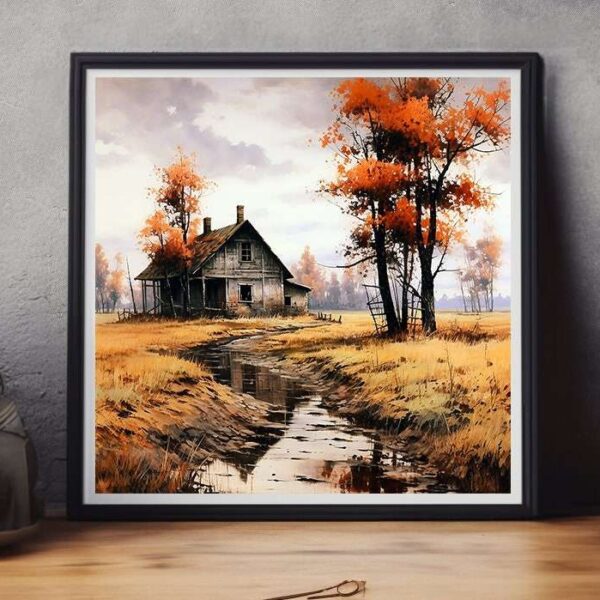 Rustic Countryside House In Autumn Fall Rustic Wall Art Print