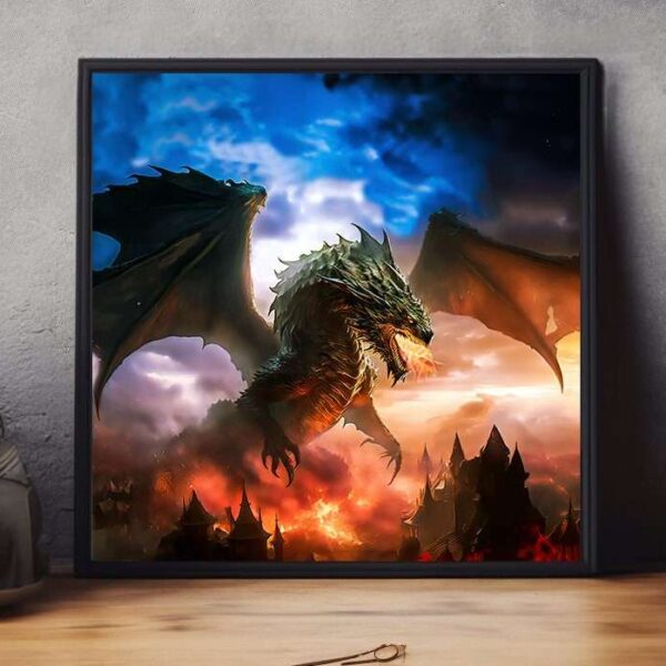 Epic Dragon Flight & Fire Portrait Wall Art Print