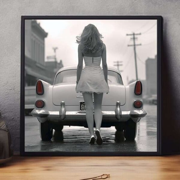 Vintage Car & Girl In White Portrait Wall Art Print
