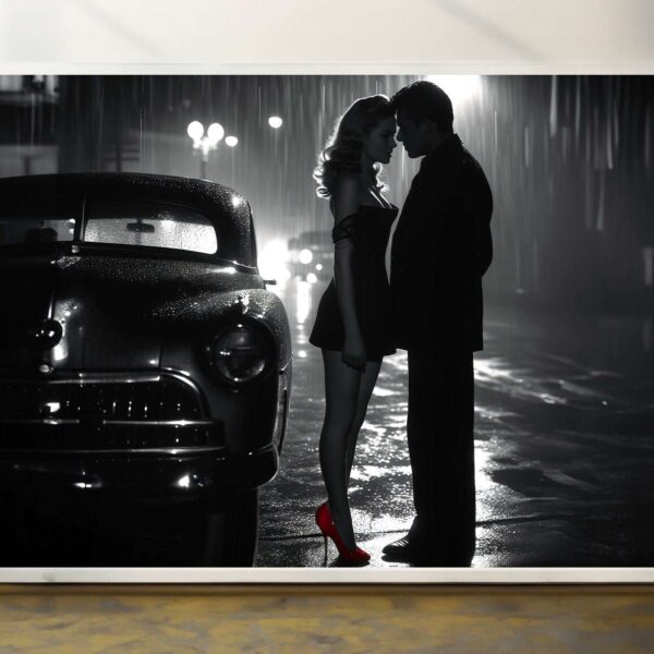 Romantic Rain Scene Classic Car Art Print – Vintage Wall Art