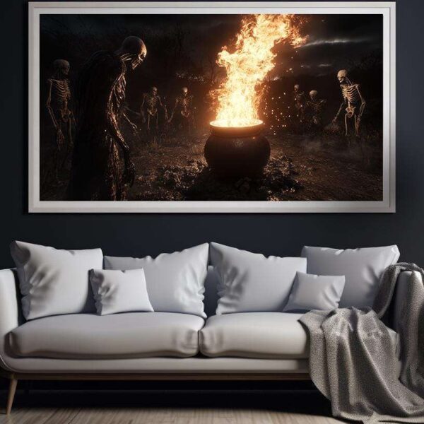 Skeletons Around A Flaming Cauldron Portrait Wall Art Print