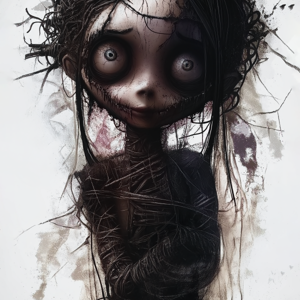Gothic horror artwork of a doll-like figure with hollow eyes