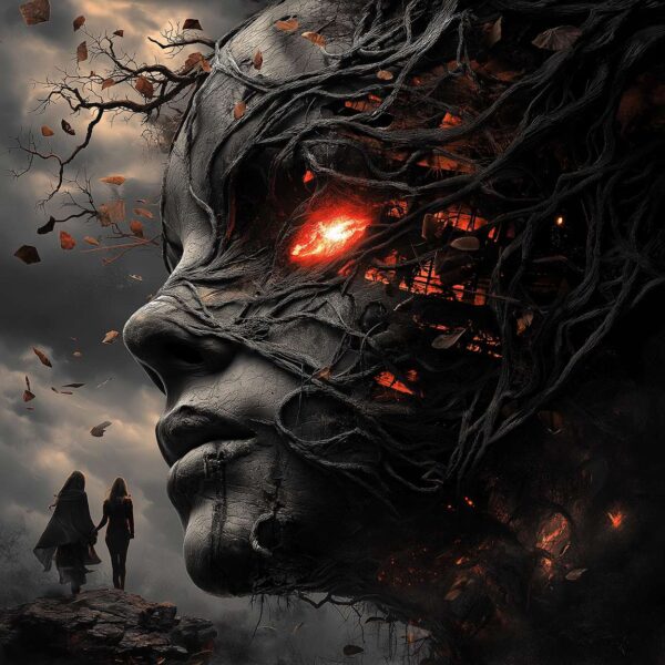 Dark fantasy face art portrait with glowing embers and organic textures