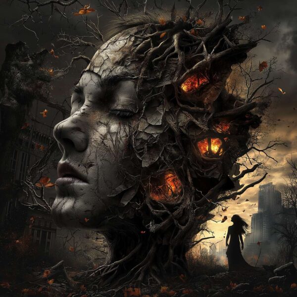 Gothic fantasy face art with a burning eye and monumental stone face