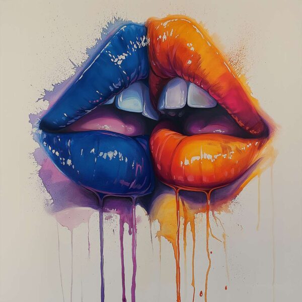 Colorful pop art lips artwork with bold blue and orange dripping paint