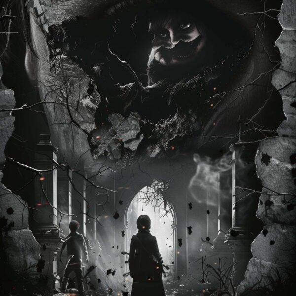 Dark fantasy horror art showing an entity watching from beyond a fractured doorway