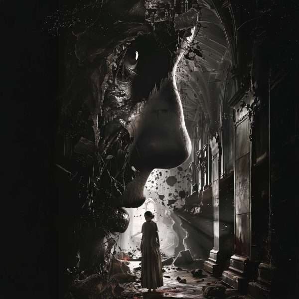 Dark fantasy horror art depicting a fractured entity emerging within a ruined hall