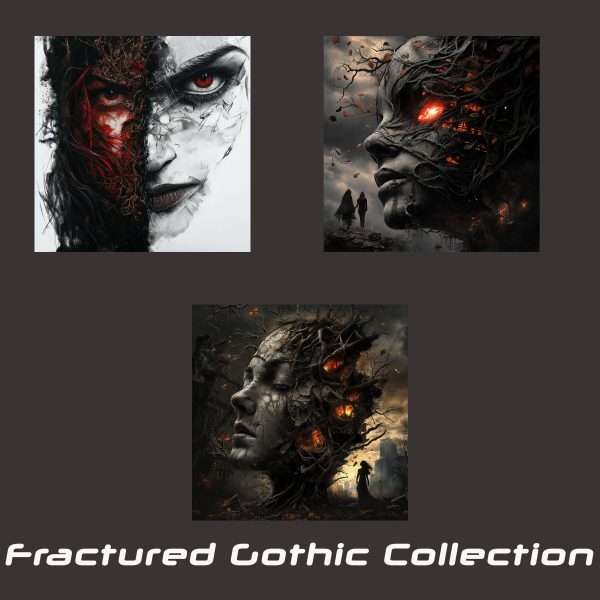 Gothic art collection featuring three dark cinematic face artworks