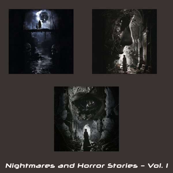 Dark fantasy horror art collection featuring three cinematic narrative artworks