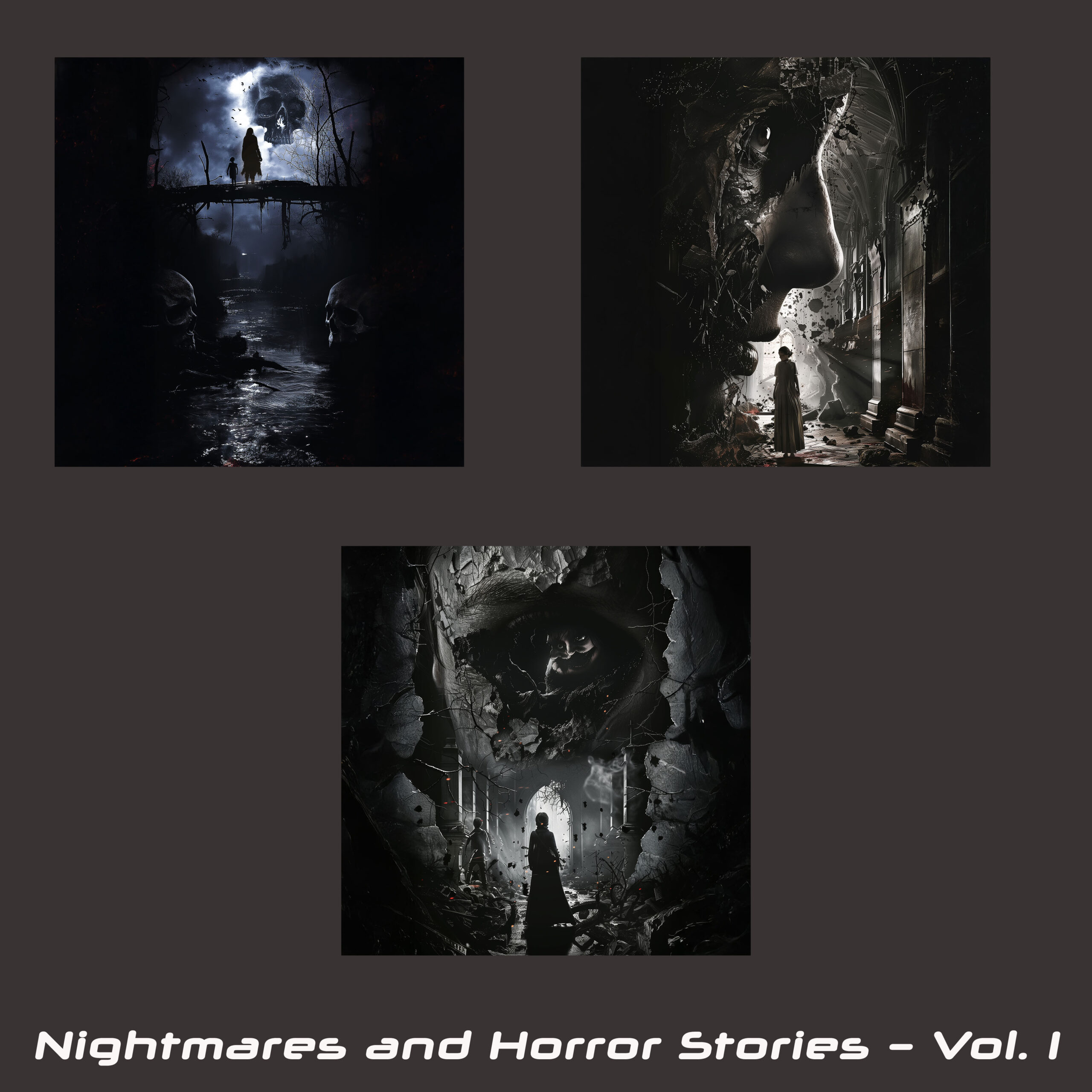 Dark fantasy horror art collection featuring three cinematic narrative artworks