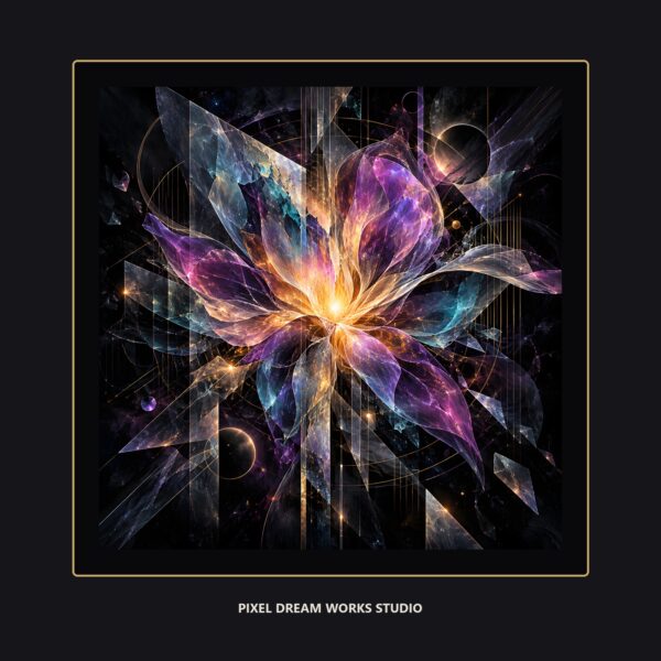 Framed Signal Bloom abstract artwork with a luminous organic centre and layered geometric interference in vivid pink, violet and electric blue.