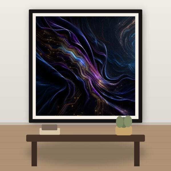 Framed preview of Velvet Circuit dark abstract artwork with violet velvet folds and luminous circuitry.