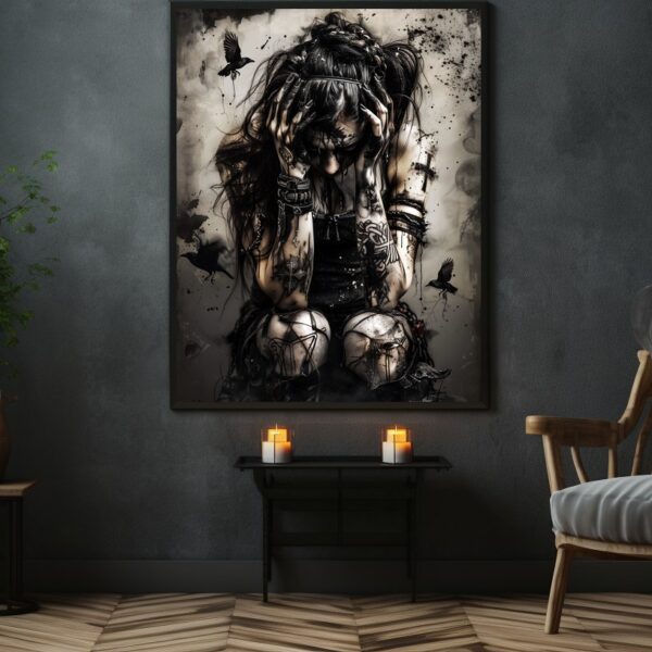 Gothic Despair gothic portrait of a tattooed woman holding her head, shown as a framed print on a dark grey wall.
