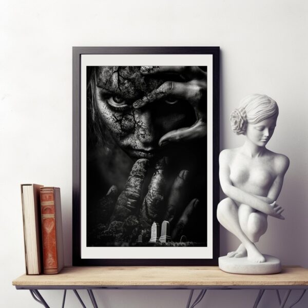 Grave Watcher black and white gothic horror portrait of a cracked, weathered face behind a hand, shown as a framed print beside a statue.