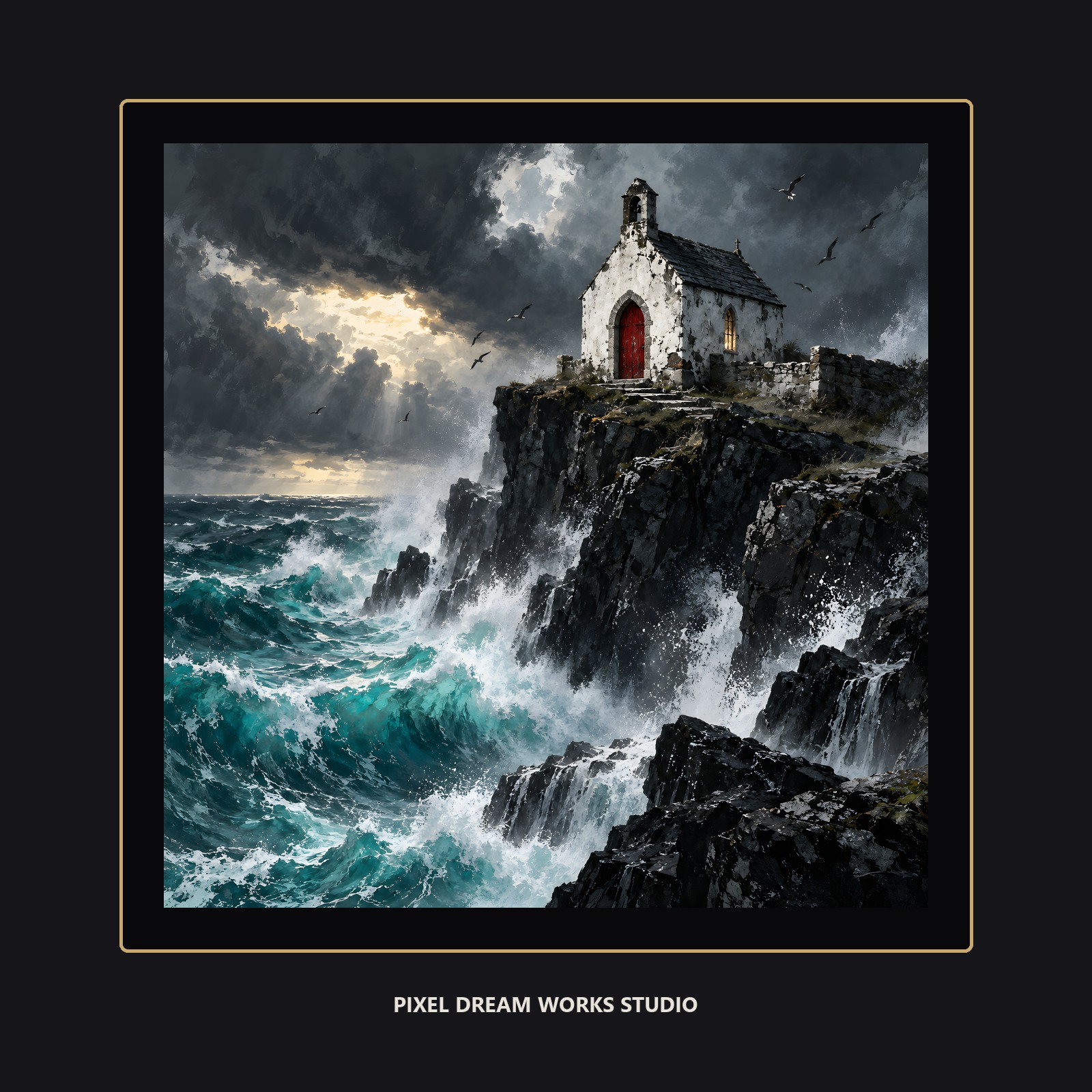 Saltwind Chapel storm-coast artwork presented in a dark gallery-style digital preview.