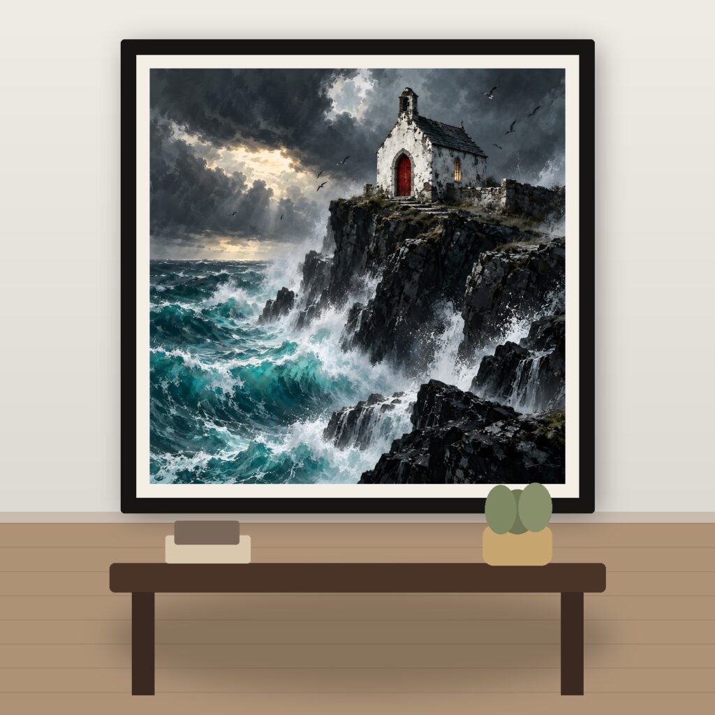 Saltwind Chapel square coastal artwork displayed as a framed print in a modern interior.