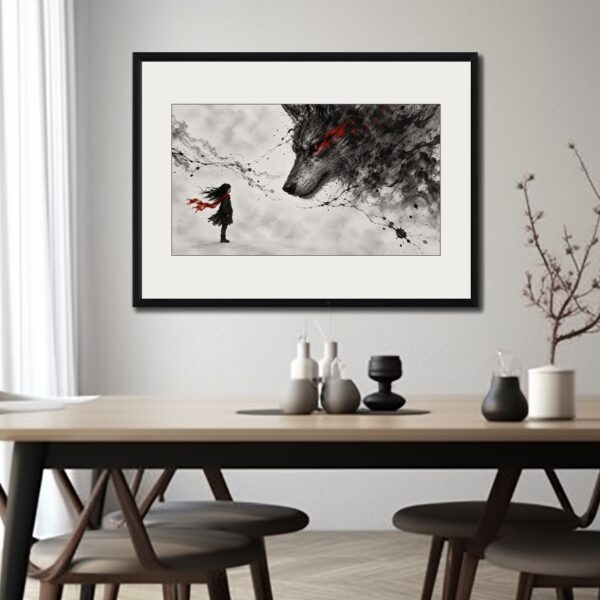 Whispers of the Wolf ink-wash print: a small girl in a red scarf faces an enormous ink-smoke wolf with red markings, framed on a dining-room wall.